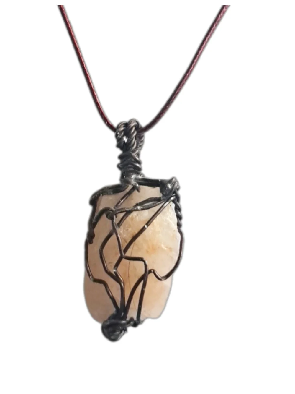 Light Pink Quartz Stone Pendant with Black Wire & Brown Cord Necklace NWOT